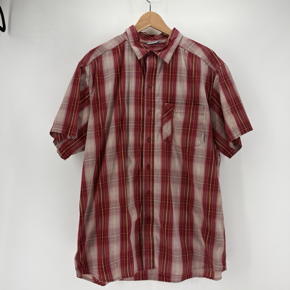 Columbia Button Up Shirt Medium Adult Red Omni Wick Plaid Short Sleeve Mens L
